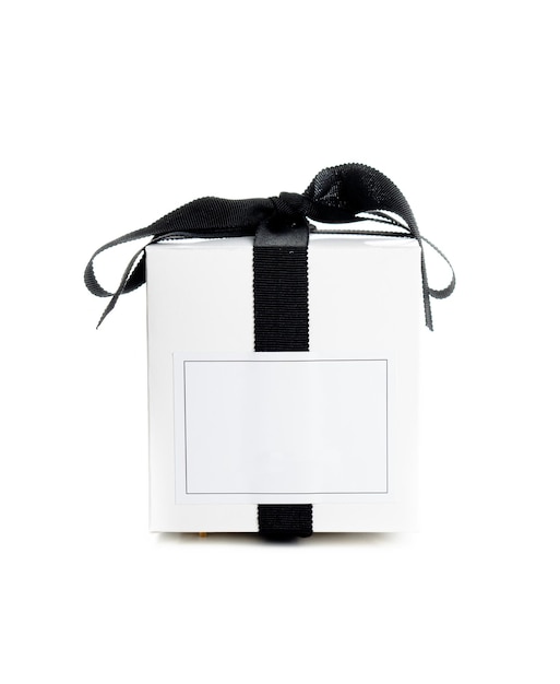 White gift box with empty lable and black satin ribbon isolated on white background stylish holiday present