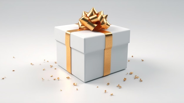 A white gift box with a gold bow and gold ribbon