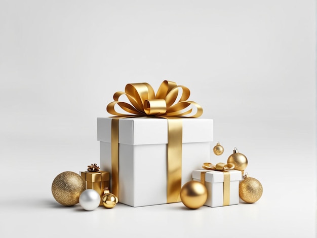 a white gift box with gold ribbon and a gold bow