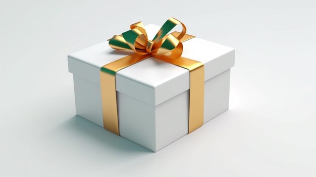 A white gift box with a gold ribbon and a gold bow.