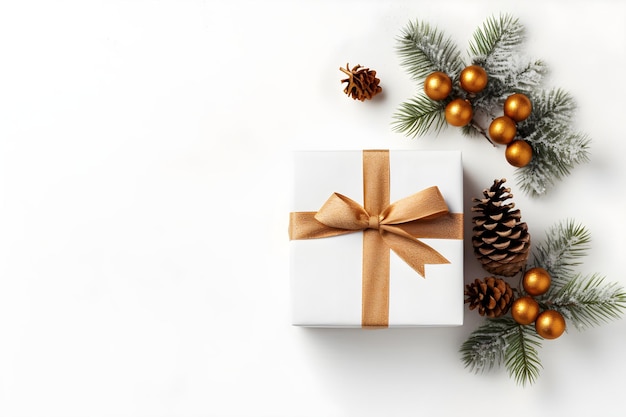 A white gift box with a gold ribbon and a golden bow sits on a white background