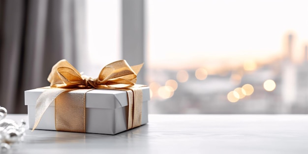 White Gift Box with Gold Ribbon on White Background Christmas Present Generative AI