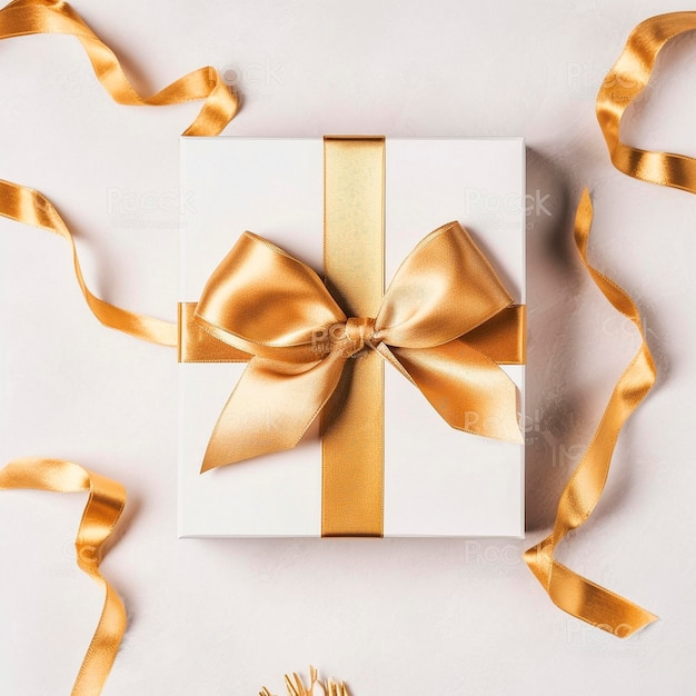 White gift box with gold ribbons on the table