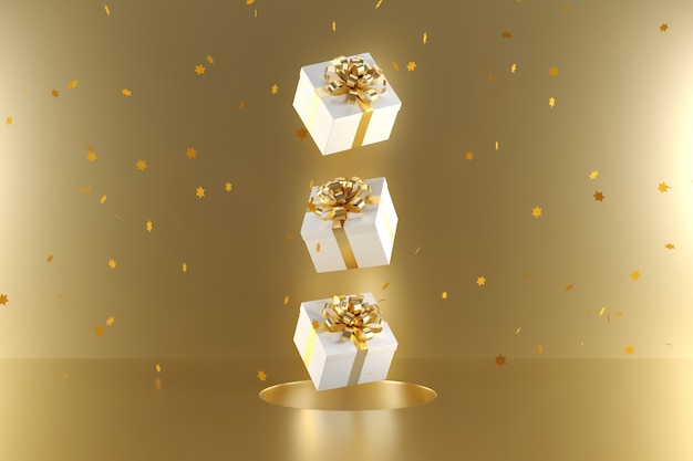 황금 배경에 떠있는 황금 리본 색상의 흰색 선물 상자
