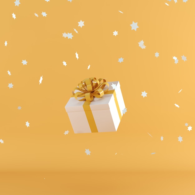 White gift box with orange color ribbon on orange color background