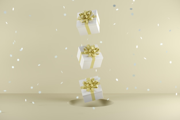 파스텔 노란색 배경에 떠있는 파스텔 옐로우 리본 색상의 흰색 선물 상자
