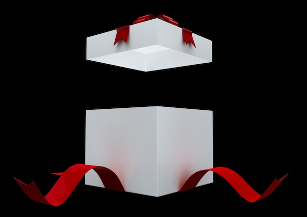 Photo white gift box with red bow and confetti isolated on black background. surprise gift box.