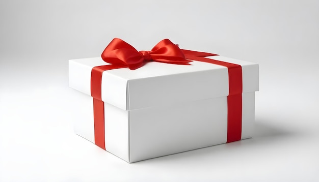 White gift box with red bow on white background 2