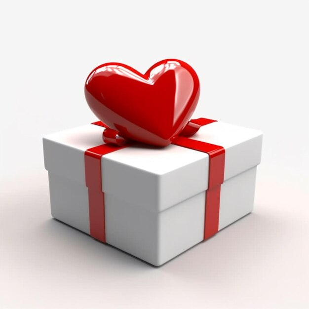 A white gift box with a red heart on it.