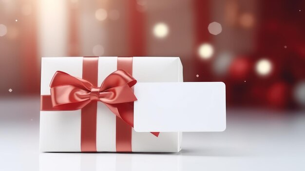 Photo white gift box with red ribbon and blank card on bokeh background