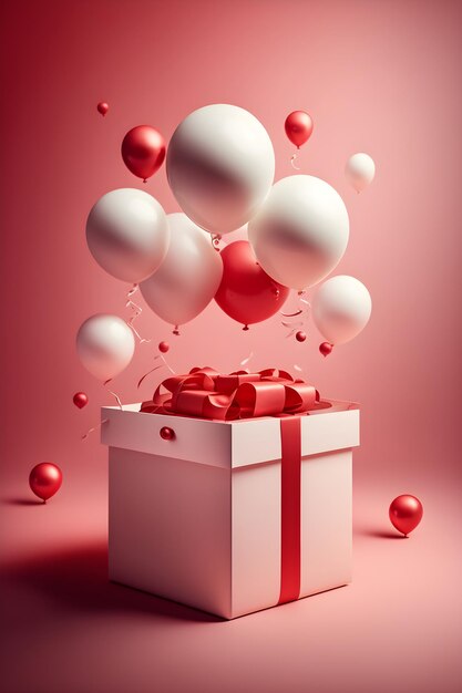 White Gift Box with red ribbon bow and Flying Balloons illustration