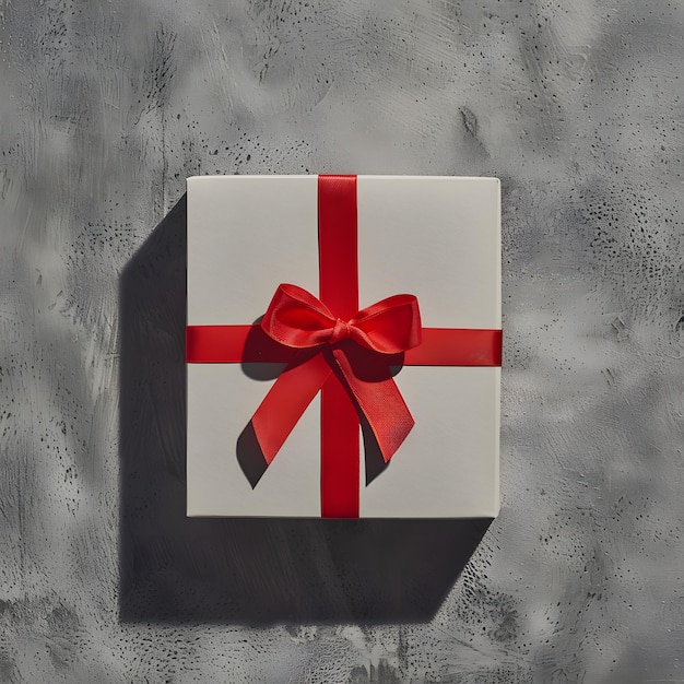 white gift box with red ribbon bow