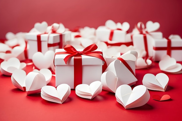 White gift box with red ribbon and flying paper hearts on white background