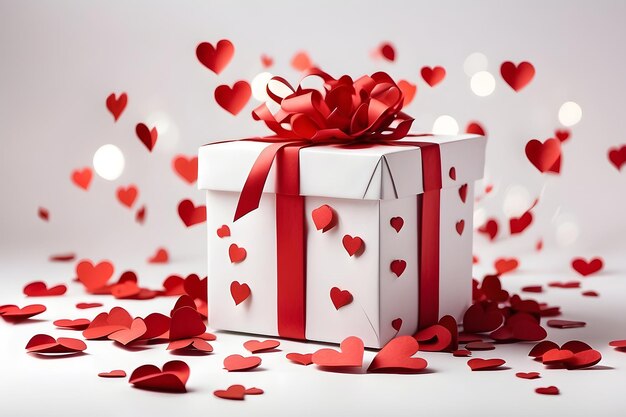 White gift box with red ribbon and flying paper hearts on white background