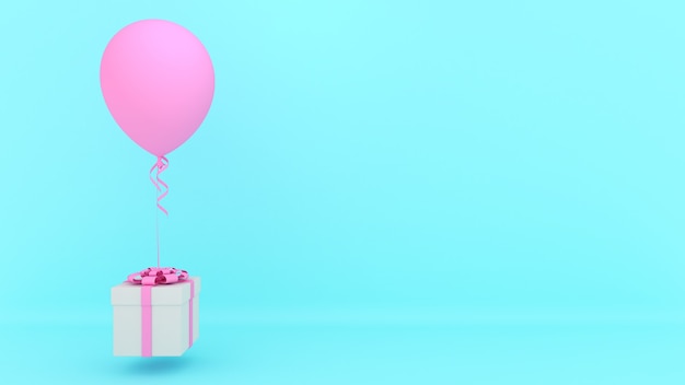 White gift box with red ribbon and pink balloon on blue background.,minimal christmas and newyear concept., 3D rendering.