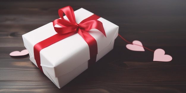 A white gift box with a red ribbon and a pink heart on the top.