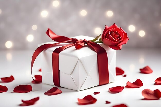 Photo white gift box with red ribbon and red rose on white background