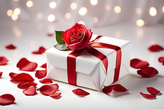 Photo white gift box with red ribbon and red rose on white background