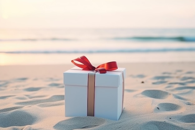 White gift box with red ribbon on the sand beach