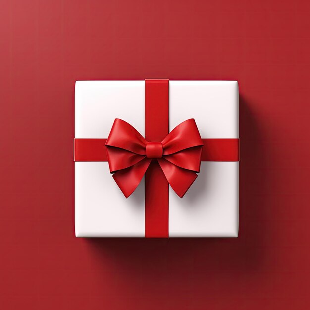 White Gift Box Wrapped in Red Ribbon And Bow Red Background Top View