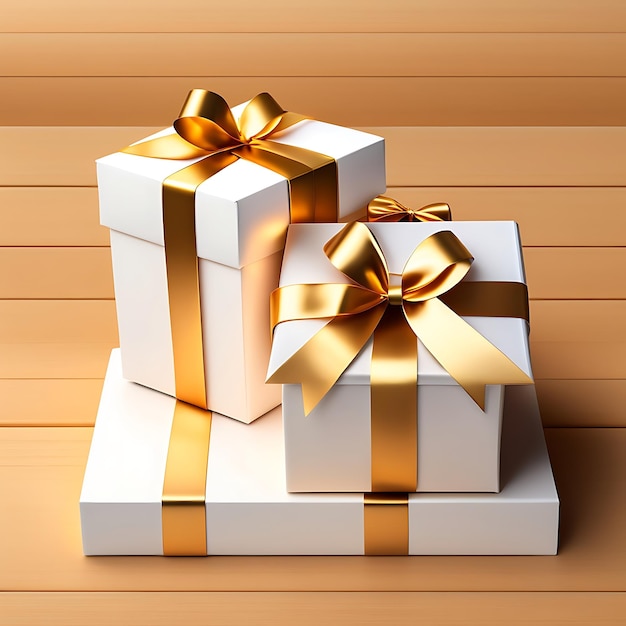 White gift boxes tied golden ribbons and bow on wooden background
