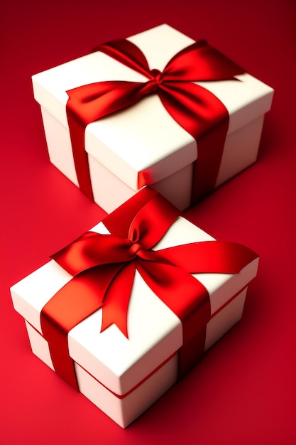 White gift boxes with golden bow and christmas trees isolated on red background