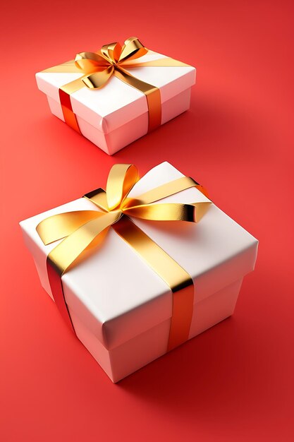 White gift boxes with golden bow isolated on red background Online christmas shopping and sale