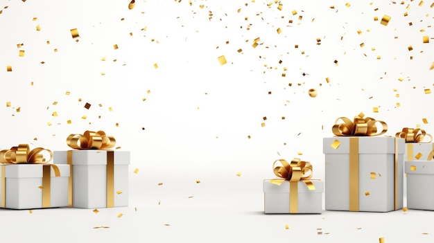 Белые подарочные коробки с золотыми луками и золотыми конфетами на белом фоне Копируйте пространство