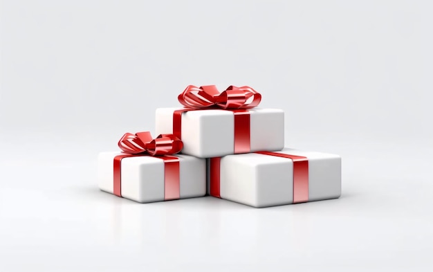 White Gift Boxes with Red Ribbon on White Studio Background Generative AI