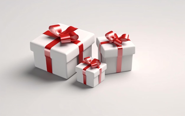 White Gift Boxes with Red Ribbon on White Studio Background Generative AI