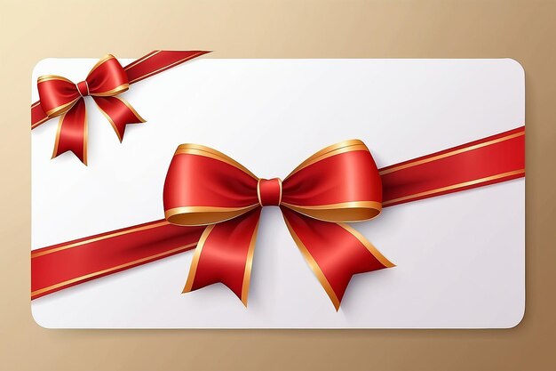 White gift card with red golden bow and ribbons Vector template for design invitation and credit or discount card