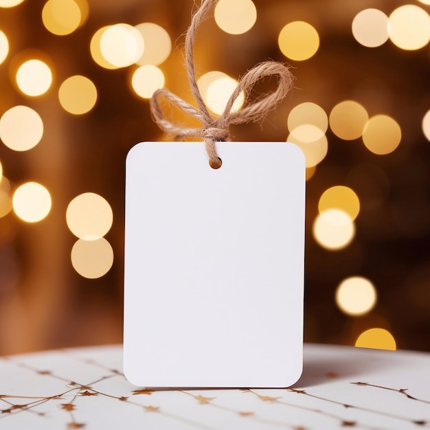 White gift tag on festive bokeh background gift tag mockup