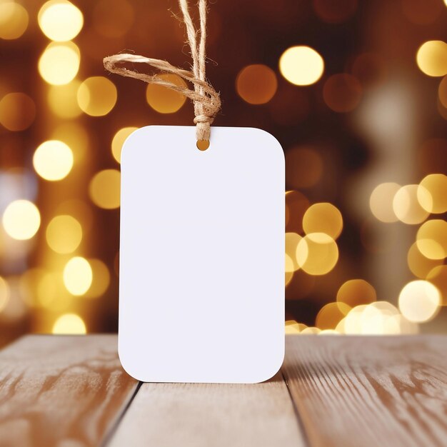 Photo white gift tag on festive bokeh background gift tag mockup