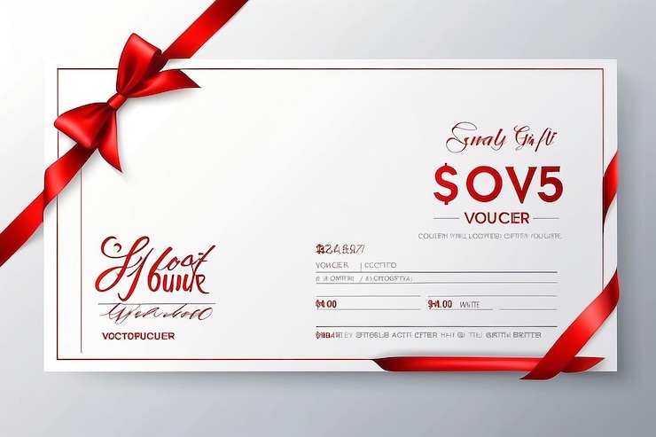 Photo white gift voucher with red ribbons and bows template for a festive gift coupon invitation