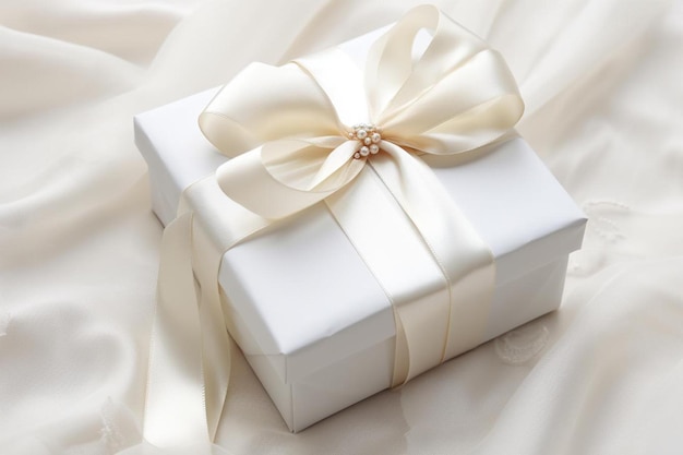 a white gift with gold ribbon and a gold bow on a white background.