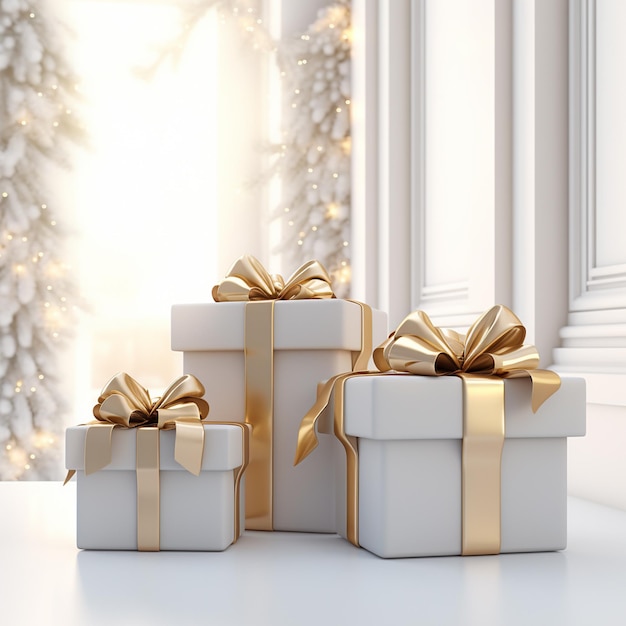 Белые подарки с золотыми лентами и жемчугом на белом фоне