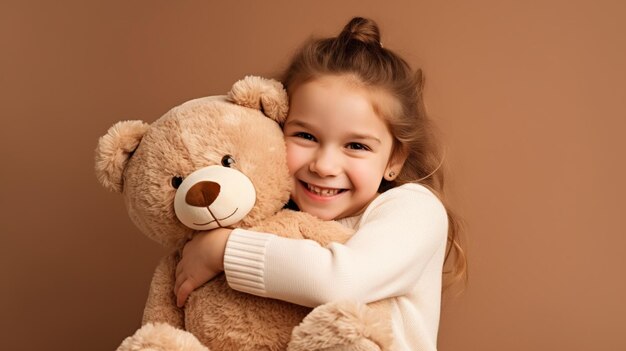 Photo white girl in casual clothes have fun hold hug teddy bear