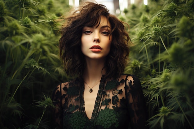 white girl on a farm field plantation with marijuana cannabis bushes