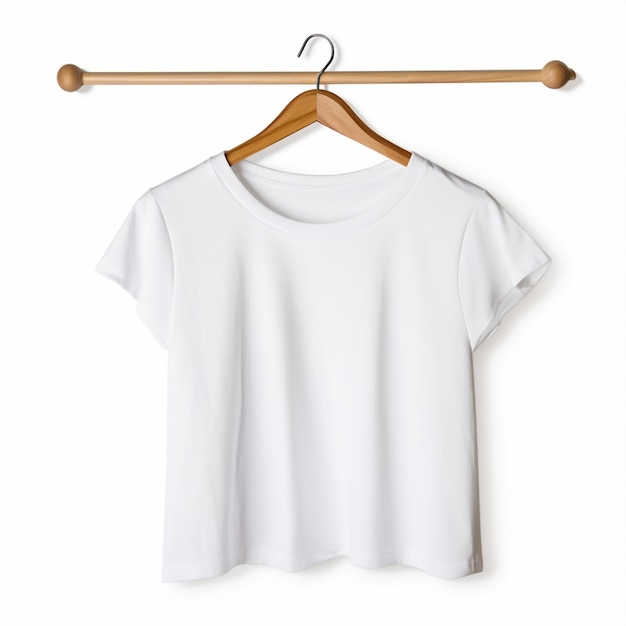 Photo white girls tshirt on a wooden hanger isolated on white background