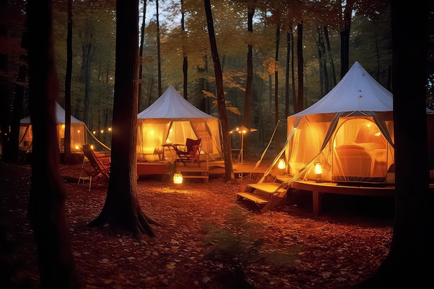 White glamping in the autumn forest AI