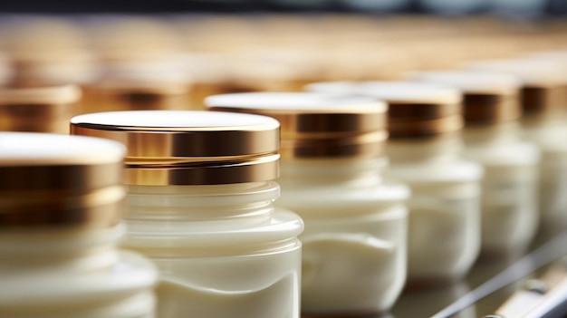 Белые стеклянные бутылки крема с золотым верхушкой в рядах на производственной линии