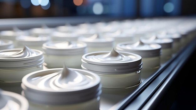 White glass bottles of face cream in rows cosmetics laboratory assembly line