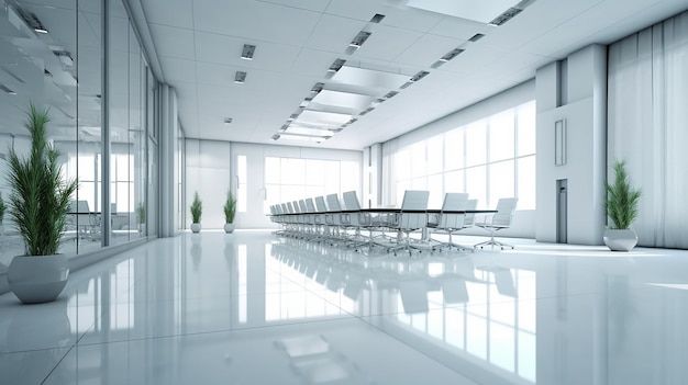 White and glass office hall with meeting room