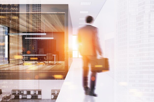 White, glass and wooden wall CEO office interior in a two floor building with a large table and an office chair. A businessman 3d rendering mock up toned image double exposure blurred