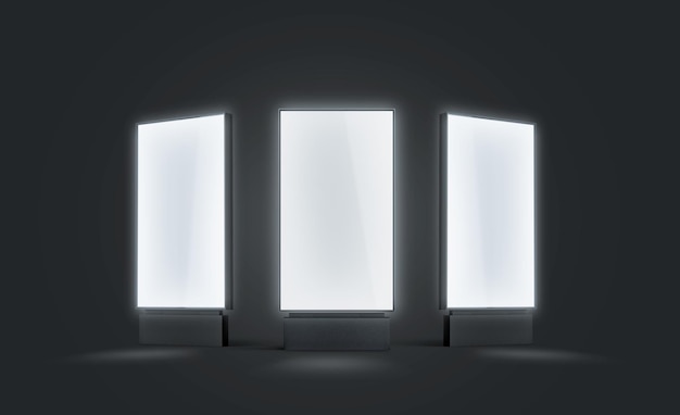 White glowing pylon mockup set isolated in darkness Illuminated screen mock up Luminous poster