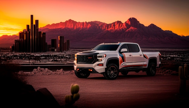 A white gmc sierra 2500 is parked in front of a mountain range