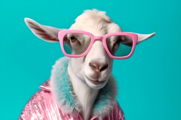 Photo a white goat in a pink jacket and pink glasses as a stylish model minimal cool concept of fashion and beauty generative ai