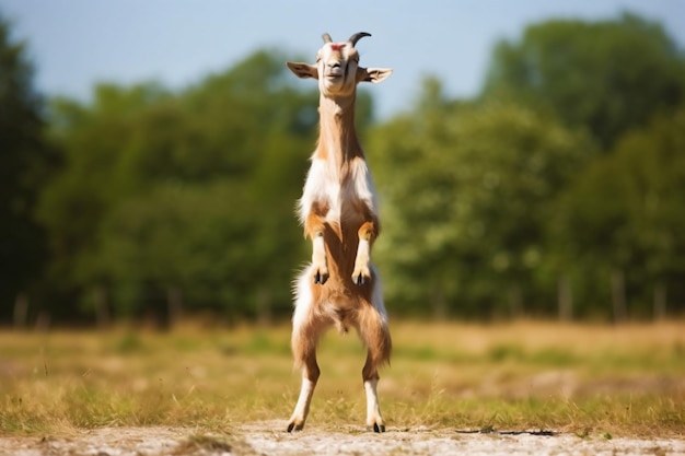 a white goat standing on its hind legs in a field