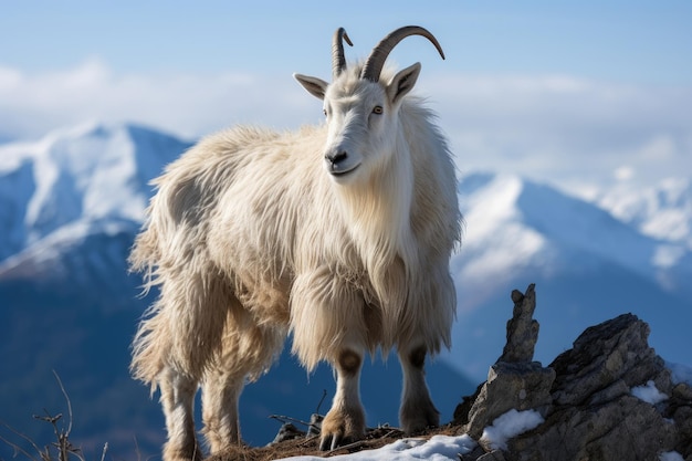 a white goat standing on a rock