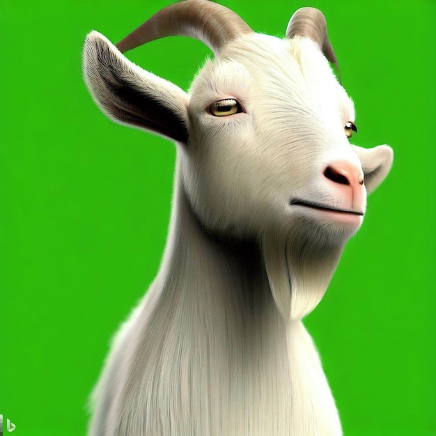 A white goat with beard ready for sacrifice for eid adha with green screen smiling closeup